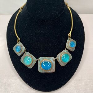 Brutalist Copper Necklace Blue Glass Modernist Artist Signed